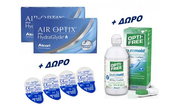 CONTACT LENSES AIR OPTIX PLUS HYDRAGLYDE  6 PACK (2 BOXES) + 4 FREE CONTACT LENSES + 1 OPTIFREE PURE